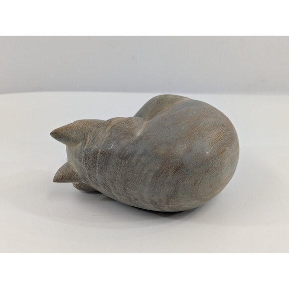 Curled Up Sleeping Cat Figurine Carved Etched Wood Gray Vtg Kitten Statue 5" - Picture 4 of 9